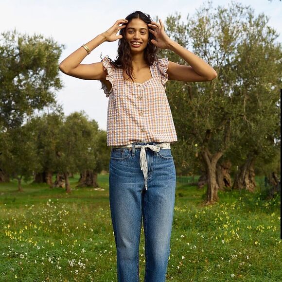 Madewell Gingham Seersucker Ruffle-Strap Button-Up Tank Top size small - Picture 1 of 10